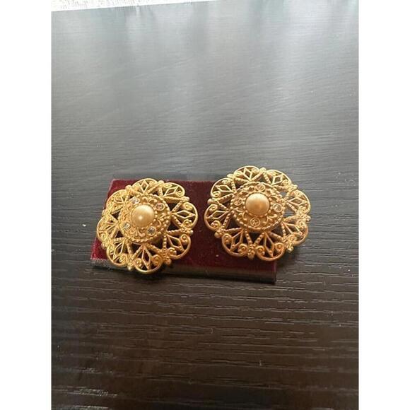 Jewelry - Vintage Gold Filigree Clip-On Earrings with Pearl Center & Rhinestones – Ornate